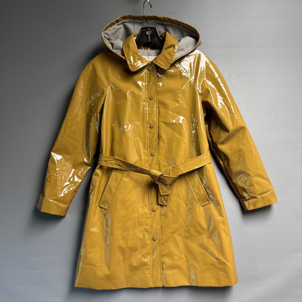 Bonpoint Girls Yellow Brown Glossy Trench Rain Coat Hooded Belted Size 14 Kids